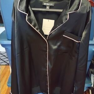 Black Satin Pajama Top with Pink Trim